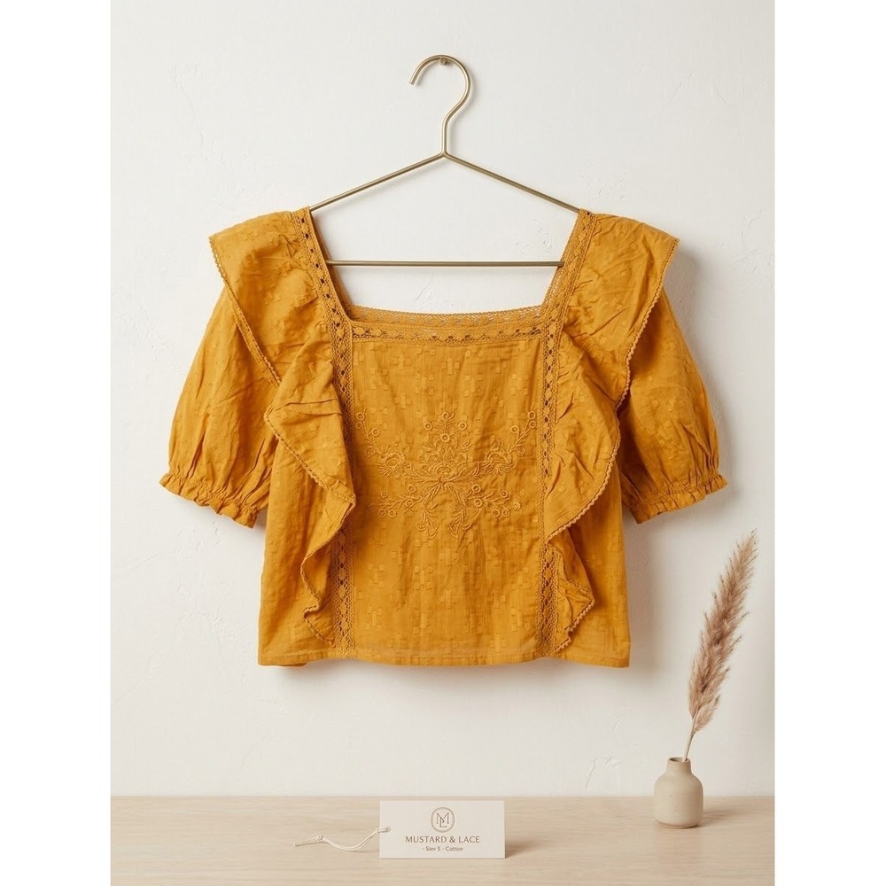 Mustard & Lace Yellow Cotton Embroidered Eyelet Ruffle Blouse Small New